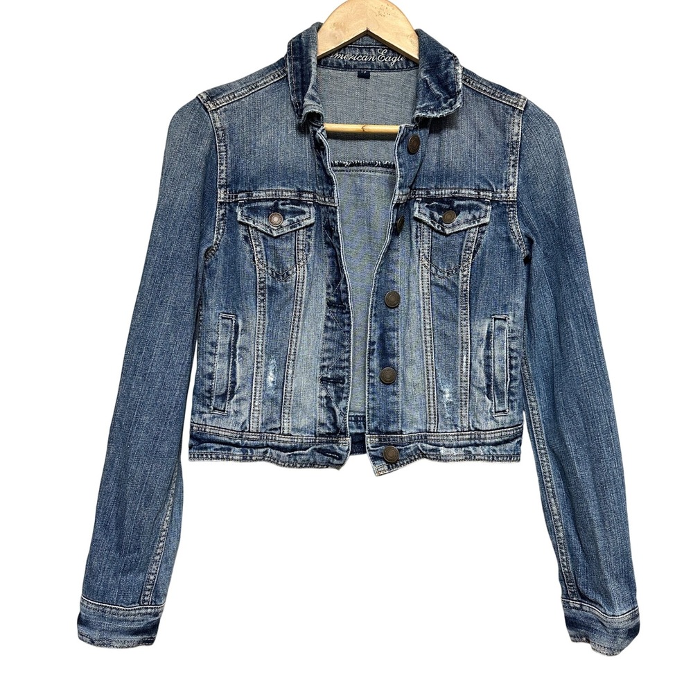 American Eagle Outfitters Denim Cropped Jacket Womens S Blue Medium Wash Casual